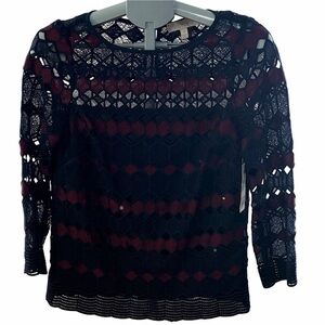Vintage Etcetera Lace Top Size 2 Burgundy & Navy Blue Sheer Long Sleeve